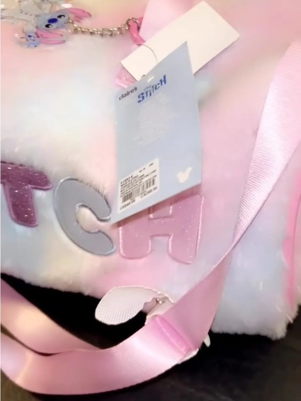 Claire's Pink & White Plush Crossbody Bag with Ribbon Strap
